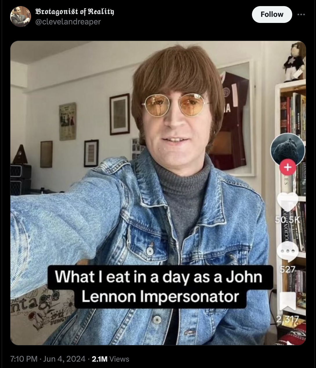 photo caption - nta Brotagonist of Reality What I eat in a day as a John Lennon Impersonator 2.1M Views 527